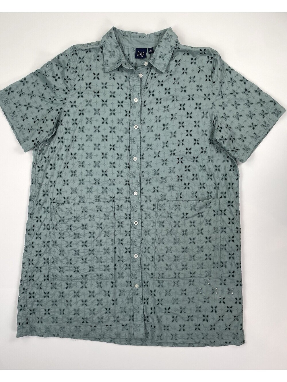 GAP Floral Eyelet Collared Shirtdress Mineral Blue Muted Green Women’s Size XL